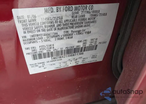 2006 Mercury Montego Premier из США, поврежденный, VIN 1MEFM421X6G611566